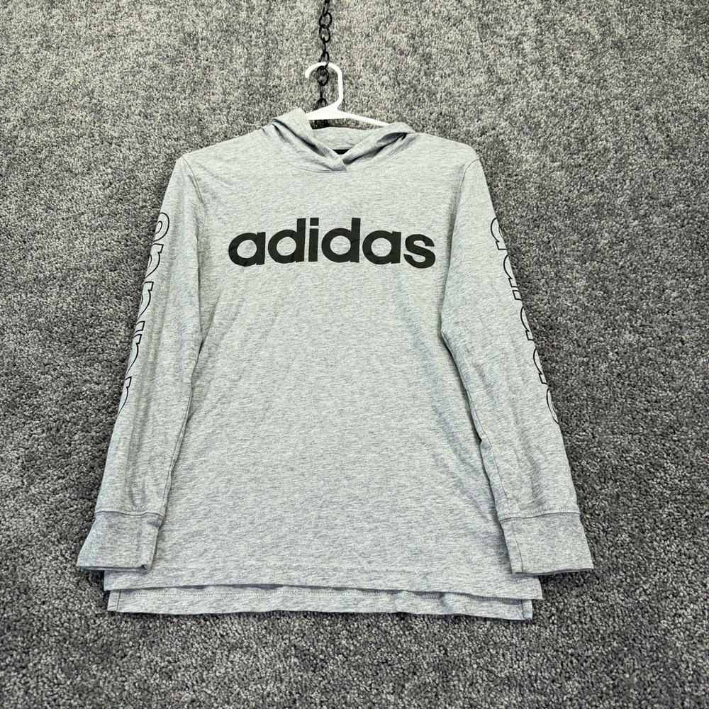 Adidas Shirt Kids 10-12 Gray Long Sleeve Hooded Logo Tee Athletic Training